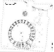 Site plan of the Bradstow School excavations, including a small roundbarrow north of the large monument